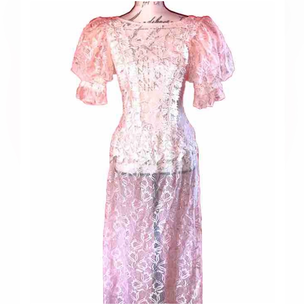 🌸Vintage Romantic Balletcore Pink Lace Puff Sleeve Dre…